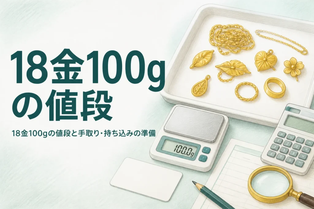 18金100gの値段を計算するための、はかりと18金の品と書類