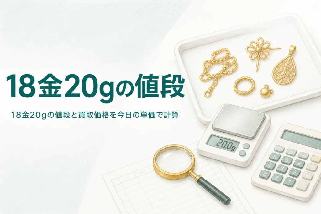 18金20gの値段を計算するための、はかりと何点かの18金の品
