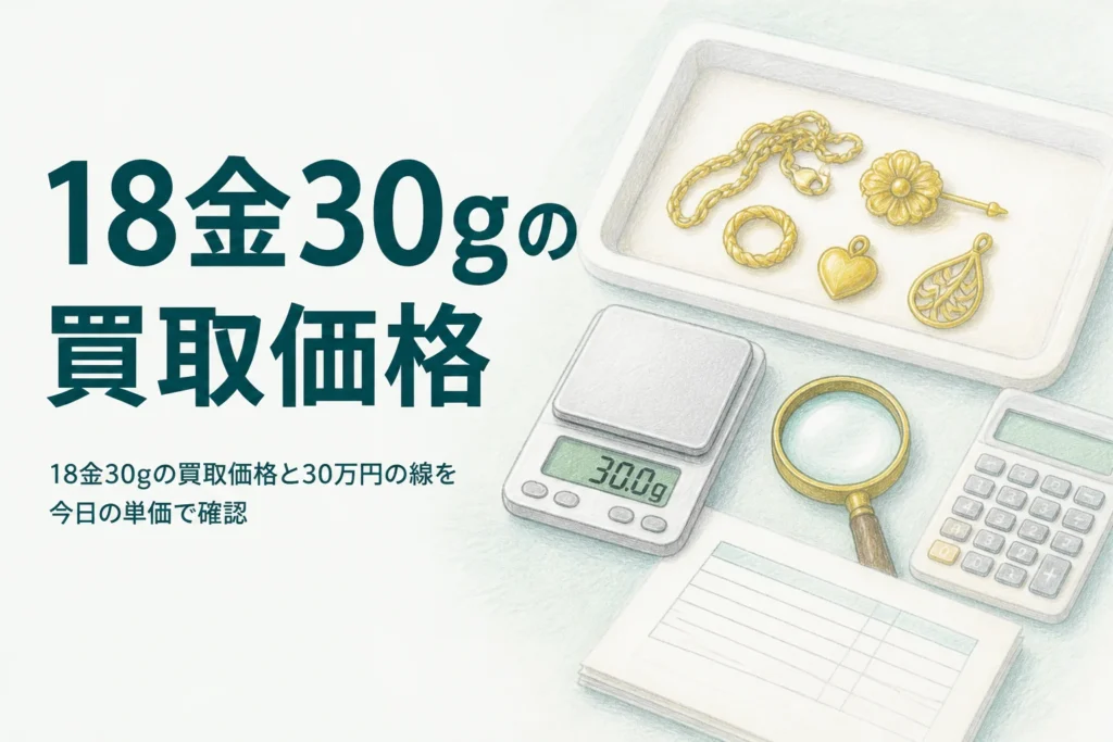 18金30gの買取価格を計算するための、はかりと18金の品と書類