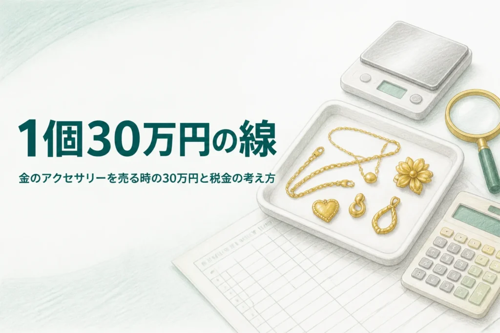 金のアクセサリーの30万円の線と税金を確かめるための、18金の品と書類と電卓