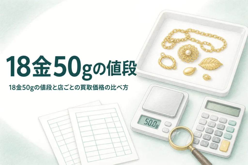 18金50gの値段を比べるための、はかりと18金の品と査定メモ