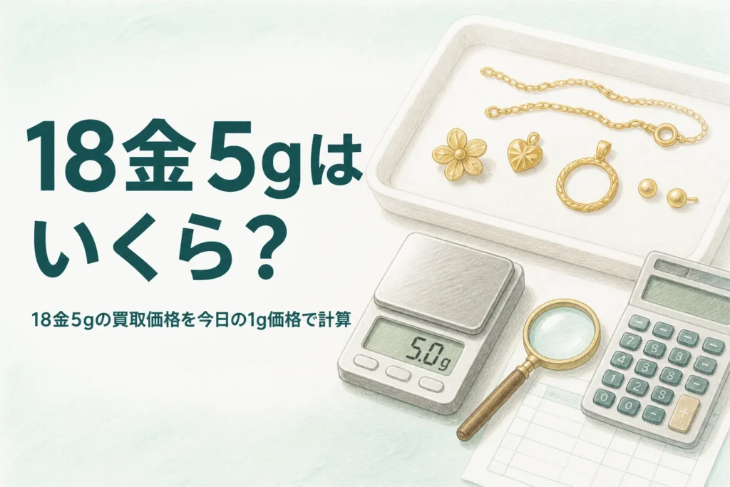 18金5gの買取価格を計算するための、はかりと18金の品