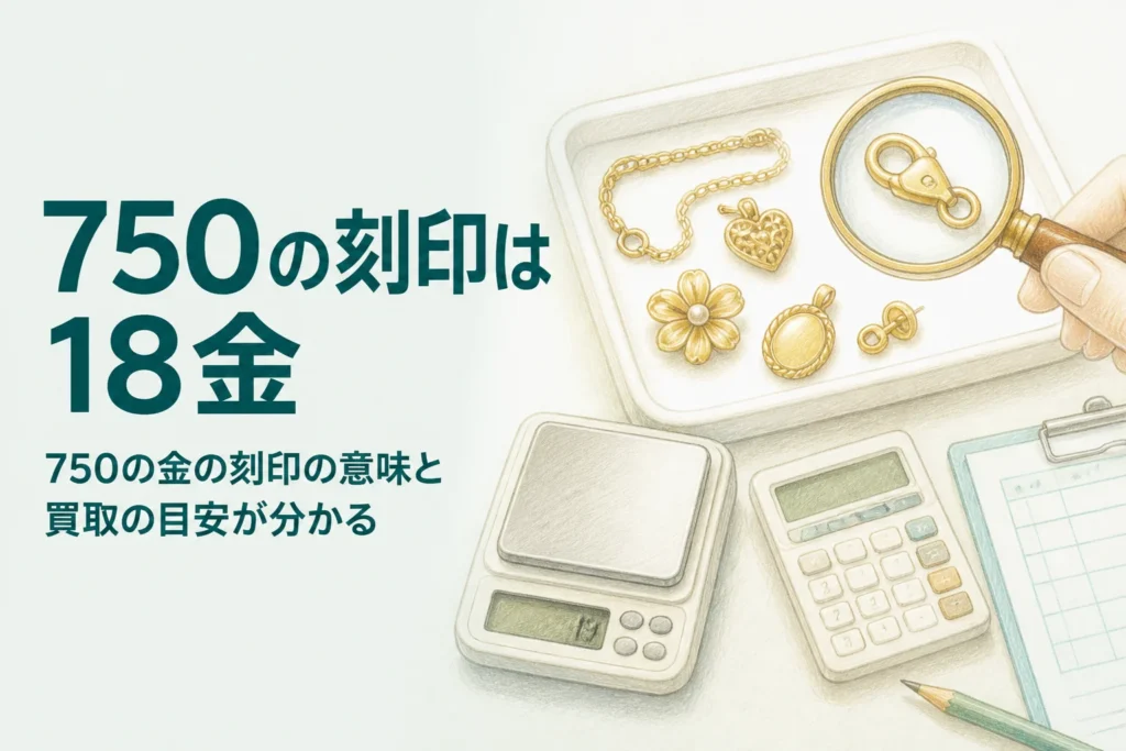 750の刻印の金を確かめるための、金色のアクセサリーとルーペとはかり
