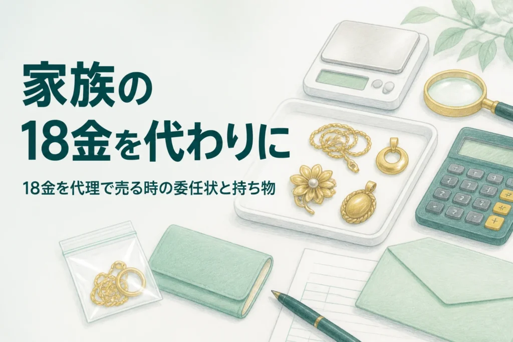 家族の18金を代理で売る時の委任状と持ち物を表した、18金の品と書類