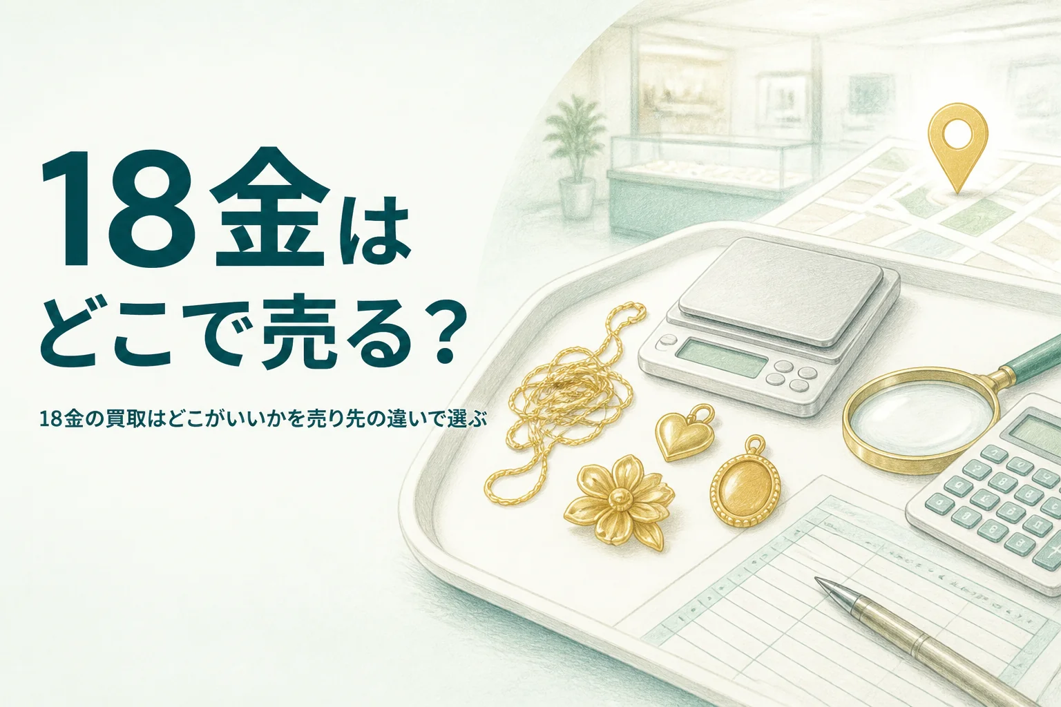 18金の買取をどこに頼むか選ぶための、18金の品とはかりと店のカウンター