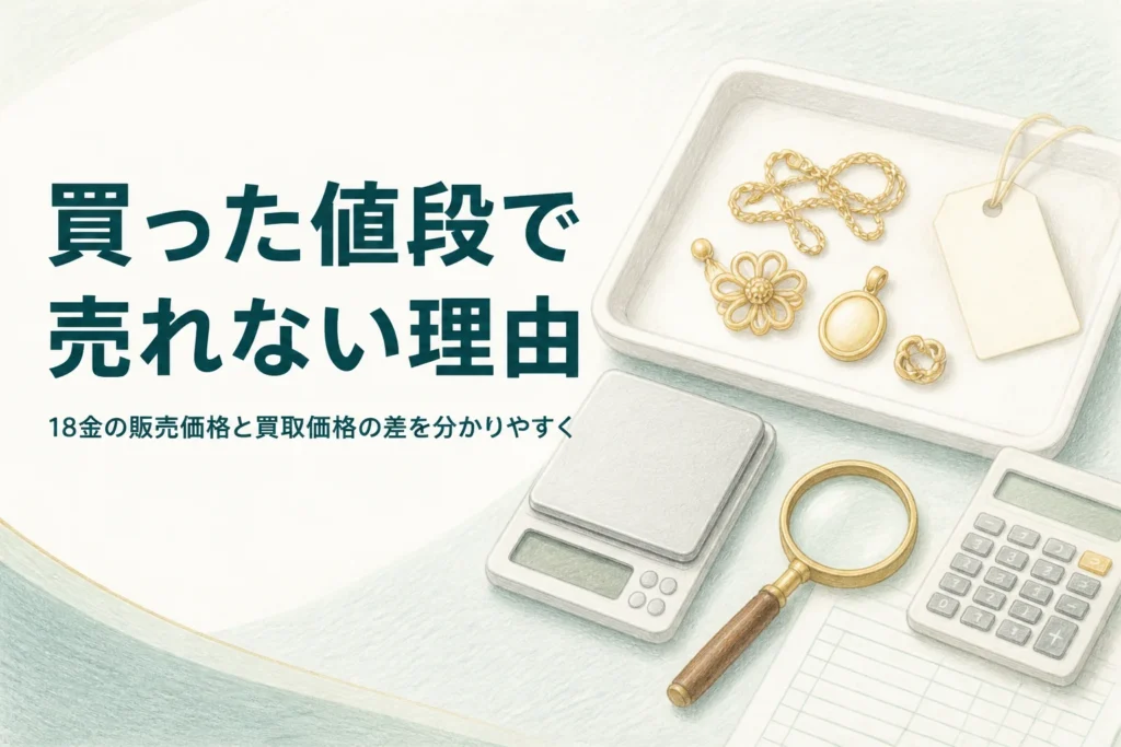 18金の販売価格と買取価格の差を考えるための、値札とはかりと18金の品
