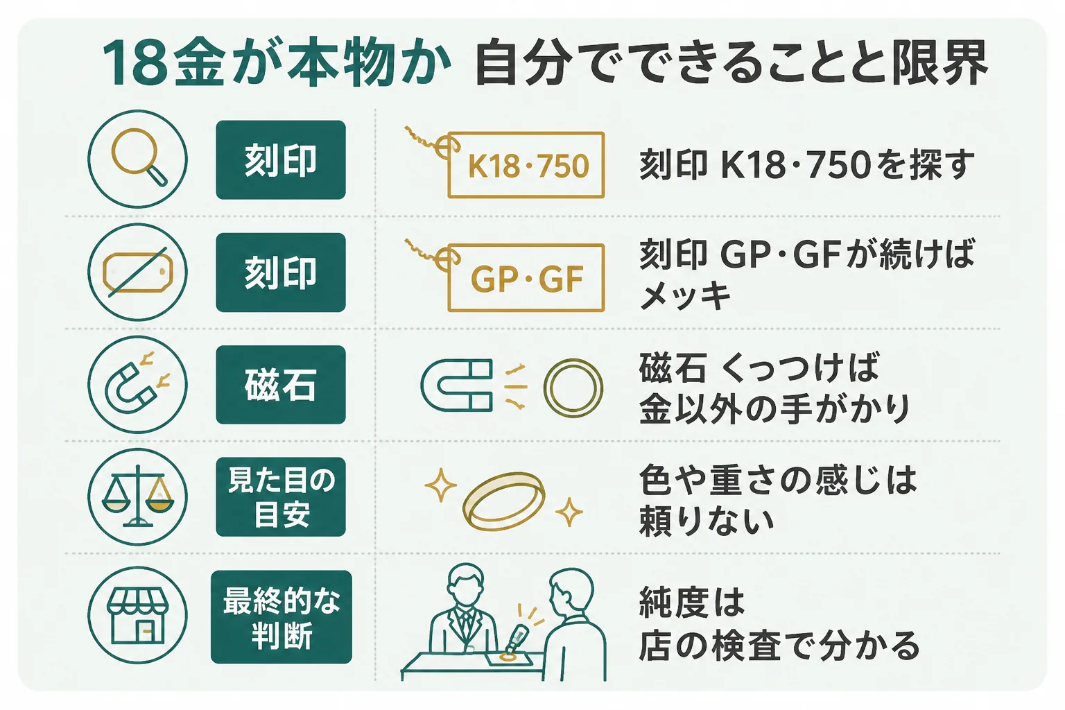 18金が本物かを自分でできることと店の検査に分けて示した図解
