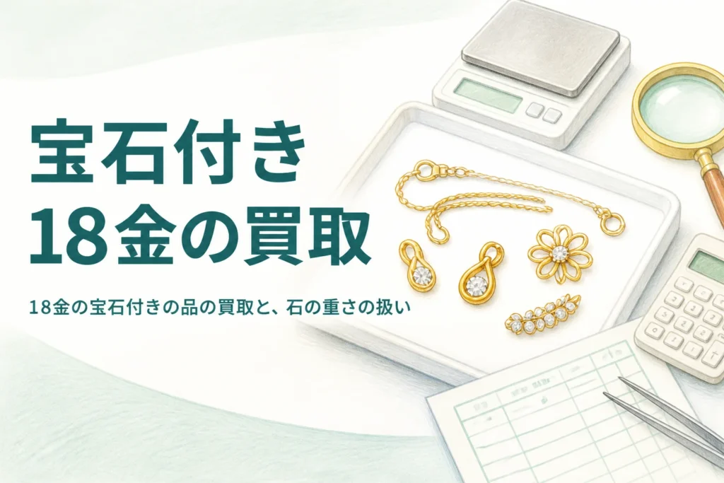 宝石付きの18金の買取と石の重さの扱いを説明するアイキャッチ