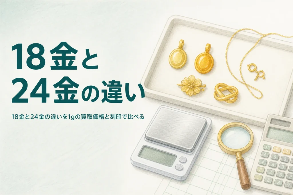 18金と24金の違いを比べるための、2つの金色のアクセサリーとはかり