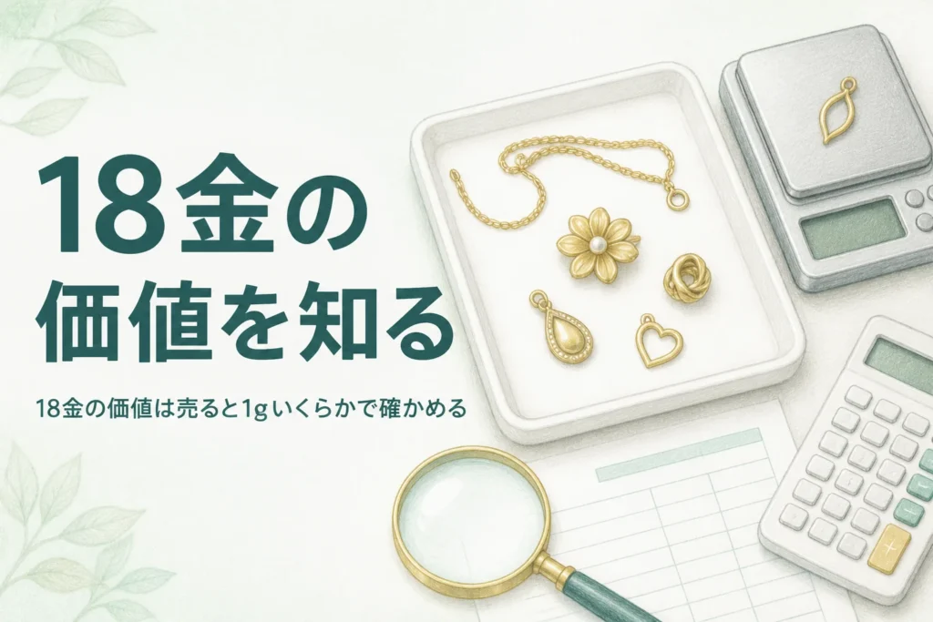 18金の価値を確かめるための、金色のアクセサリーとはかりと電卓