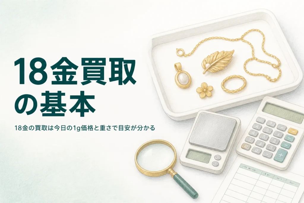 18金の買取の基本を表すイメージ（金色のアクセサリーとはかりと電卓）