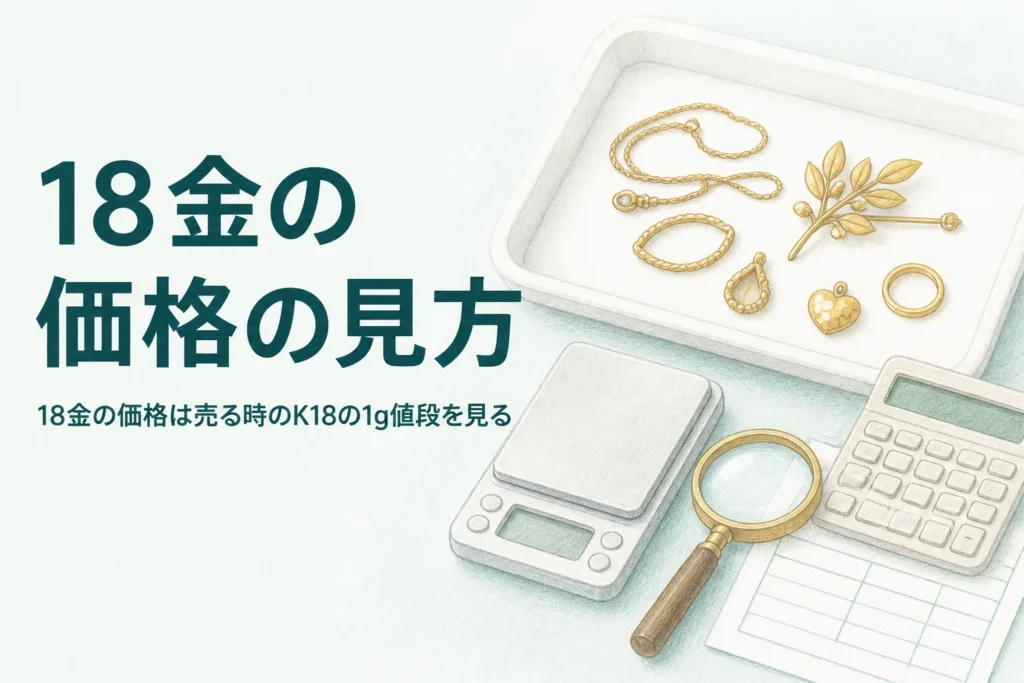 18金の価格の見方を表すイメージ（金色のアクセサリーとはかりと電卓）