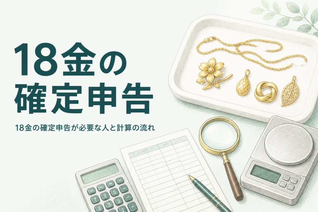 18金の確定申告を確かめるための、18金の品と電卓と書類