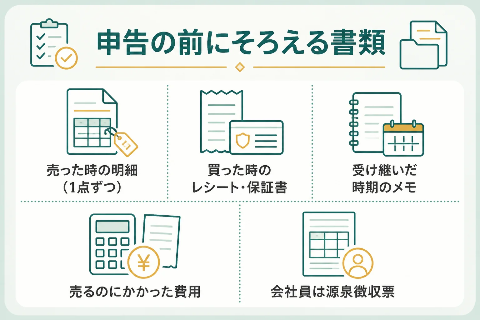 18金の確定申告の前にそろえておく書類を並べた図解