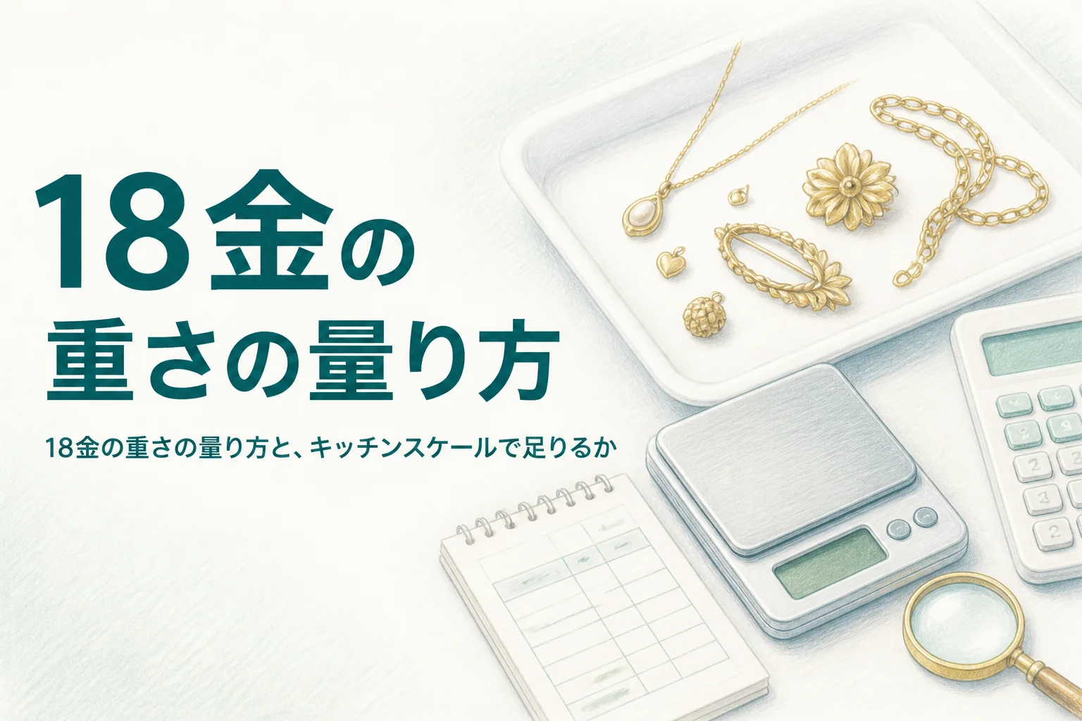 18金の重さの量り方とキッチンスケールの使い方を説明するアイキャッチ