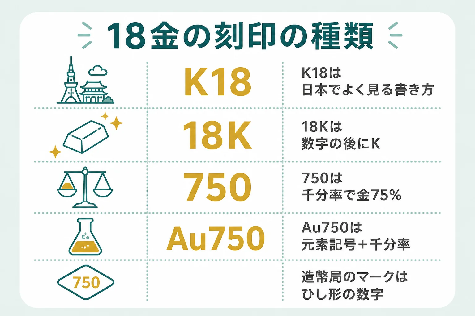18金の刻印の種類を一覧にした図解