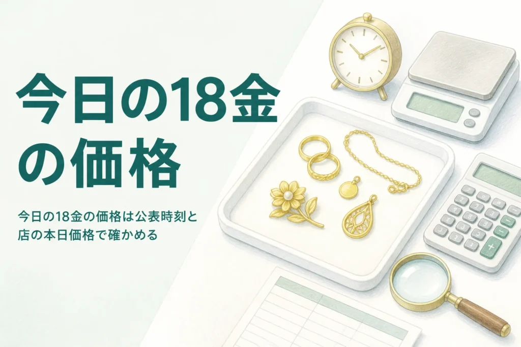 今日の18金の価格の調べ方を表すイメージ（金色のアクセサリーとはかりと時計）