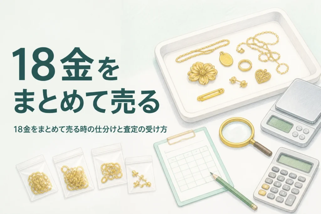 18金をまとめて売る時の仕分けと査定の受け方を説明するアイキャッチ