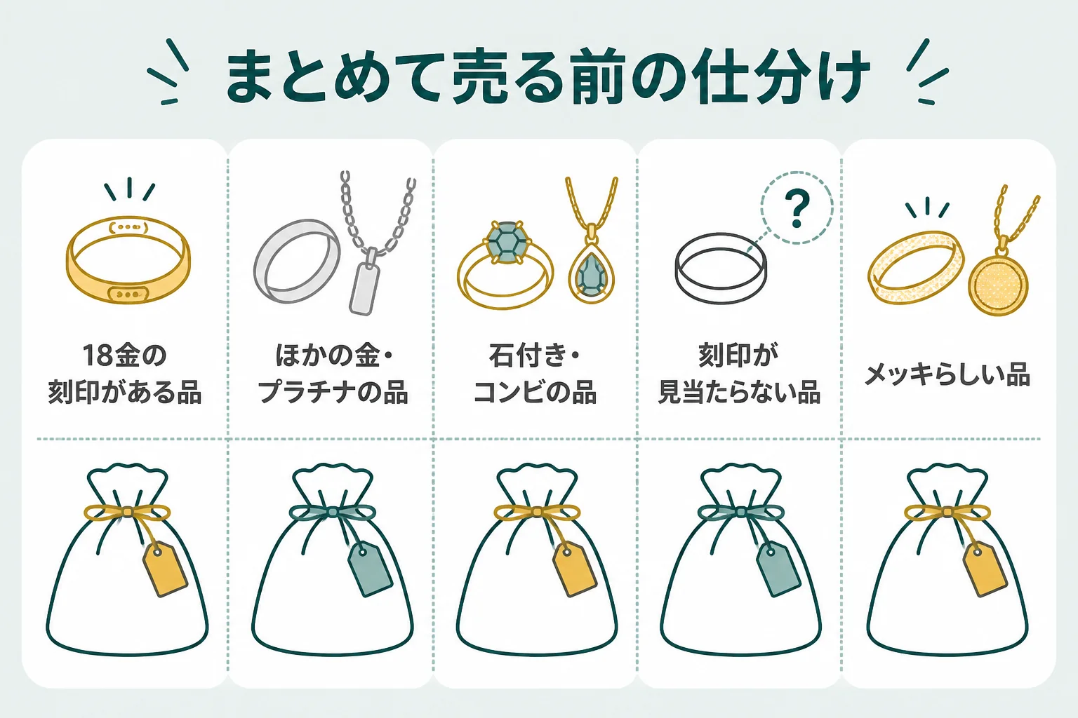 18金を刻印・石付き・メッキらしい品で仕分ける準備の図解