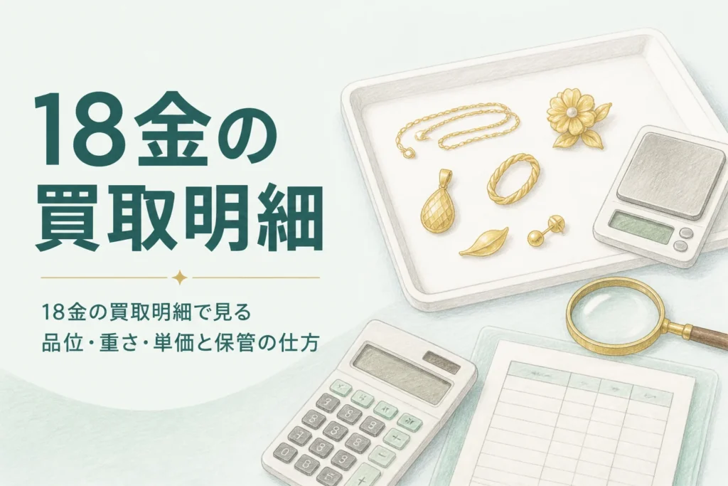 18金の買取明細を確かめるための、はかりと18金の品と明細の紙