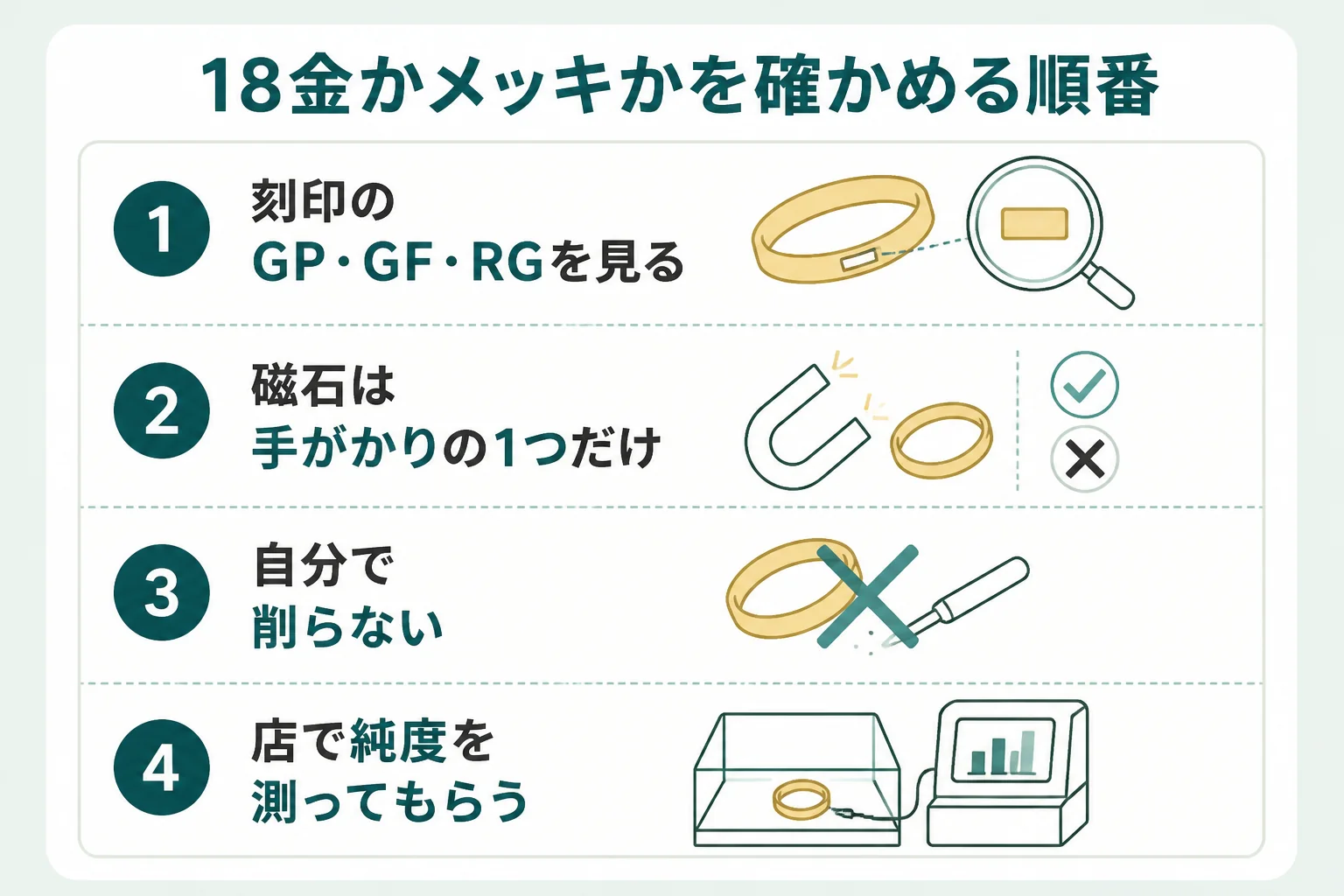 18金かメッキかを刻印・磁石・店の検査で確かめる流れの図解