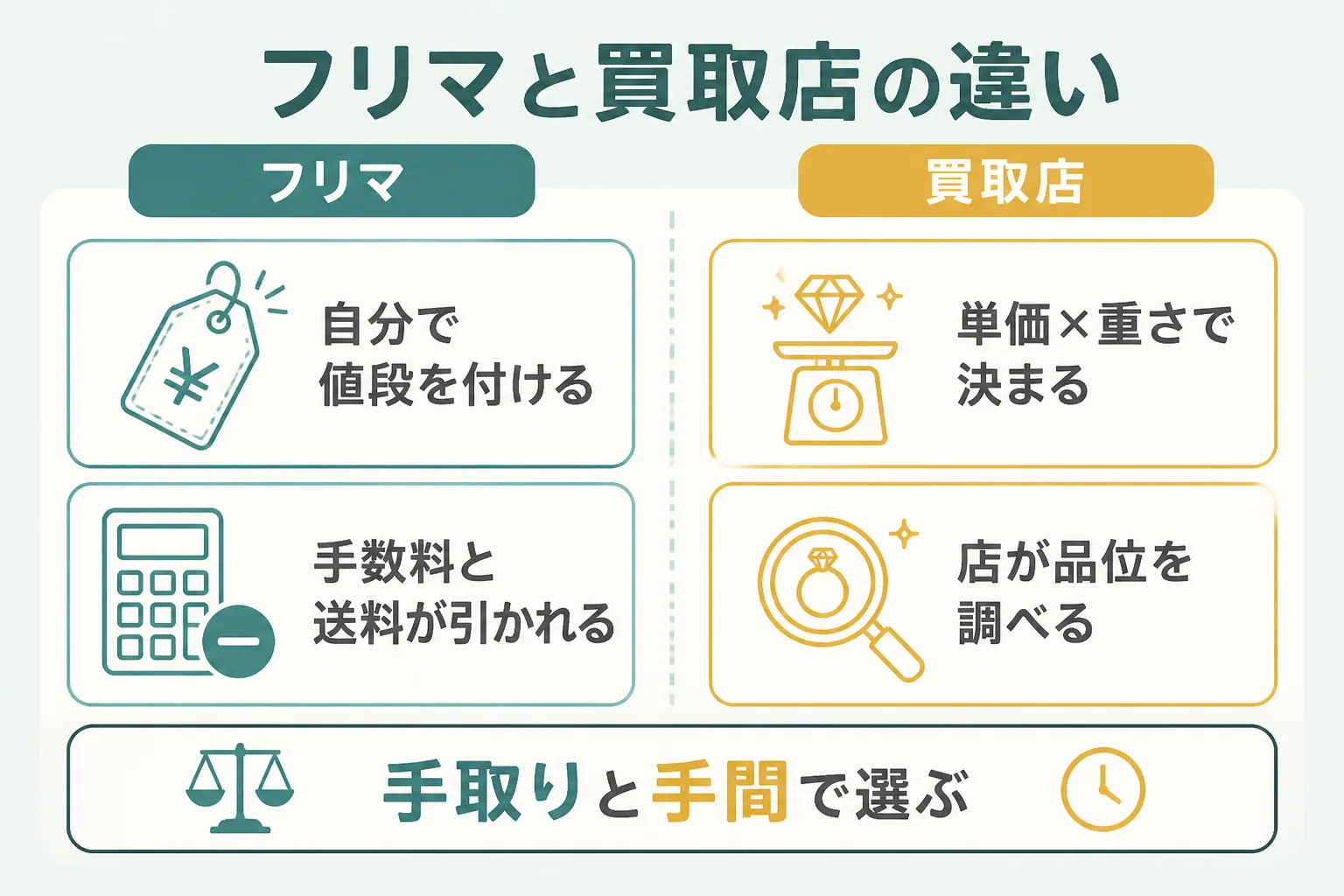 フリマと買取店で18金を売る時の違いを示した図解