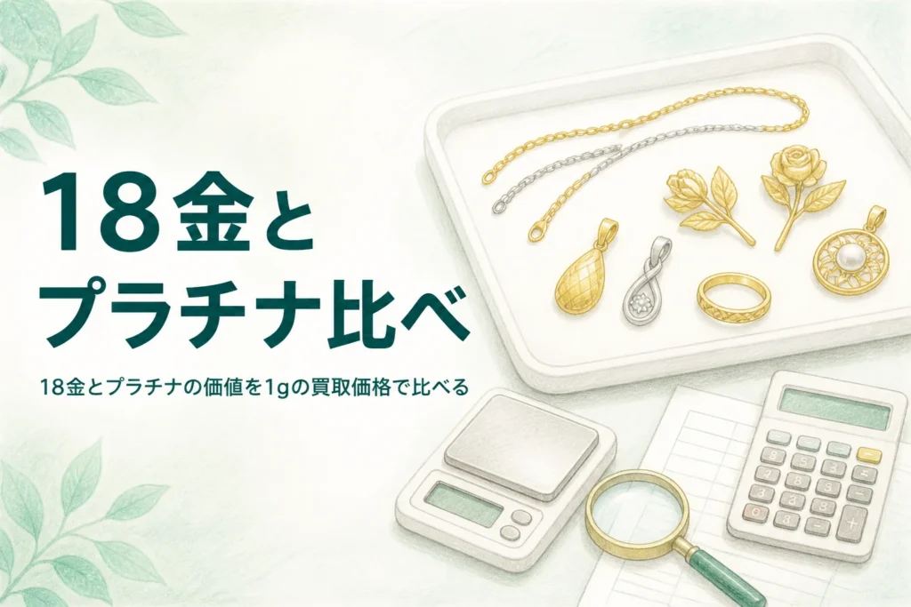 18金とプラチナの価値を比べるための、金色と銀白色のアクセサリーとはかり