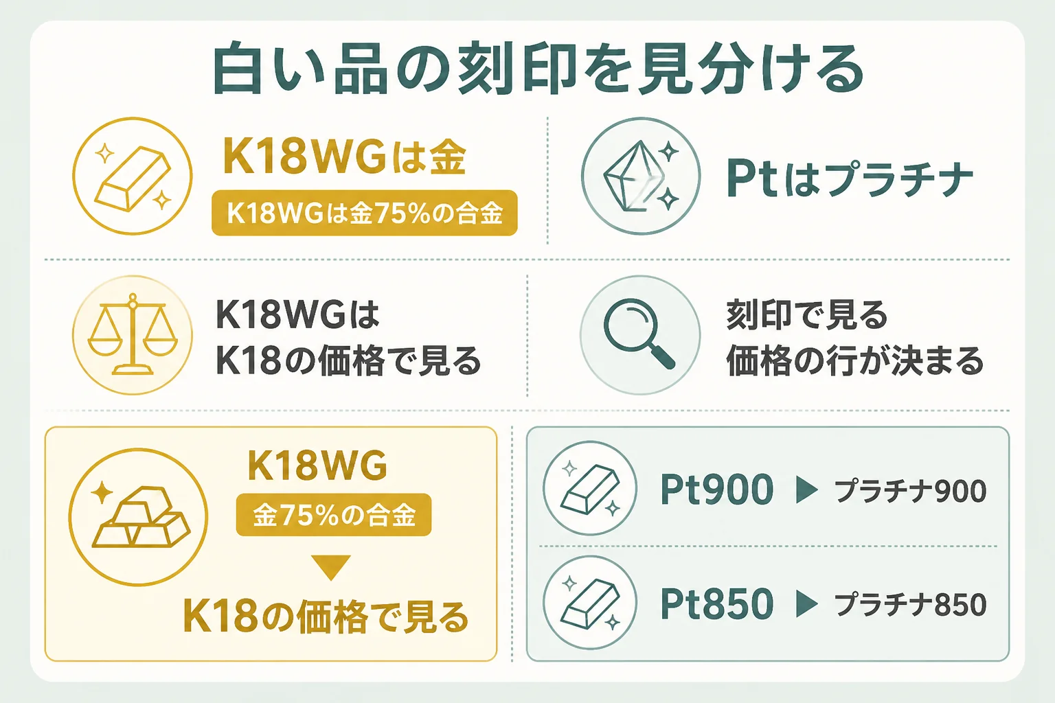 18金とプラチナとホワイトゴールドの刻印の見分け方の図解