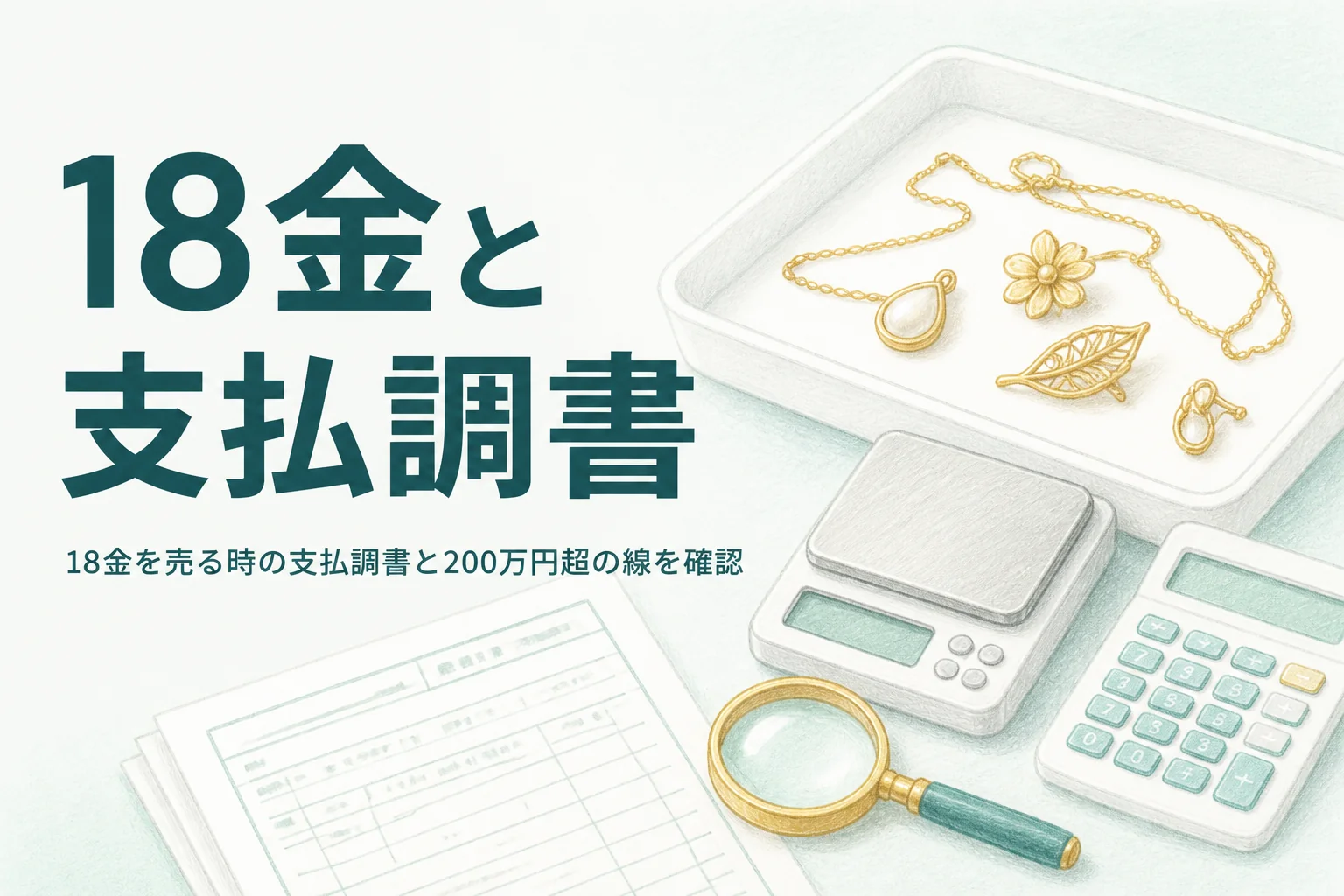 18金の支払調書と200万円の線を確かめるための、18金の品と書類と電卓