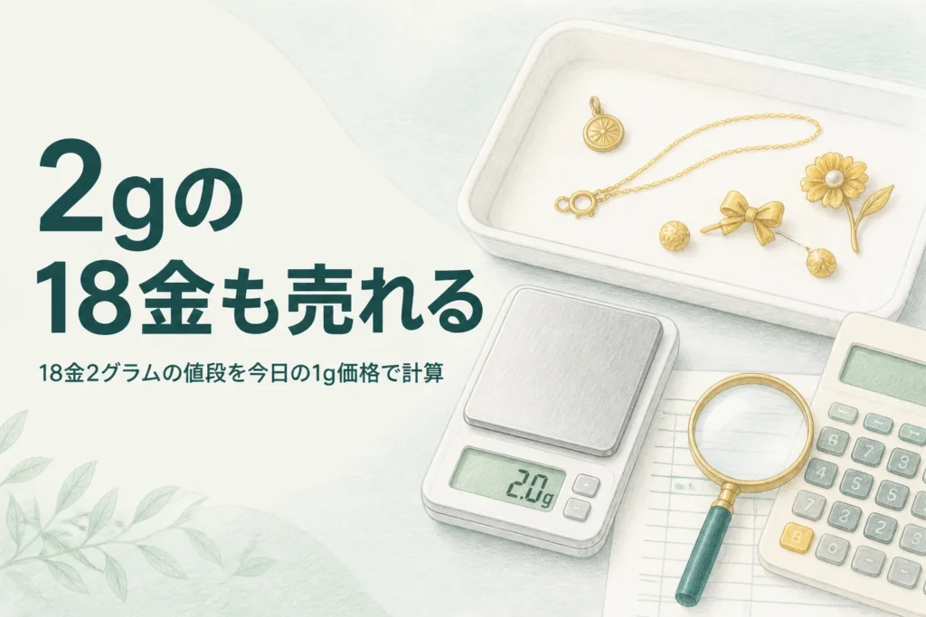18金2グラムの値段を計算するための、はかりと小さな18金の品