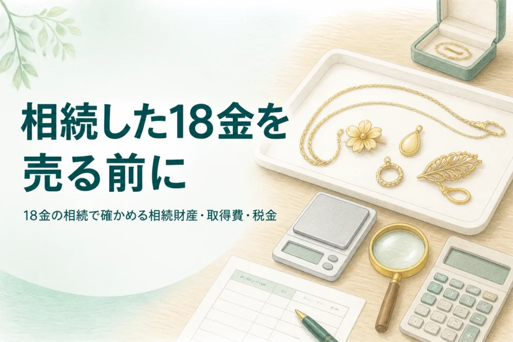 18金の相続で確かめることを表した、宝石箱の中の18金の品と書類