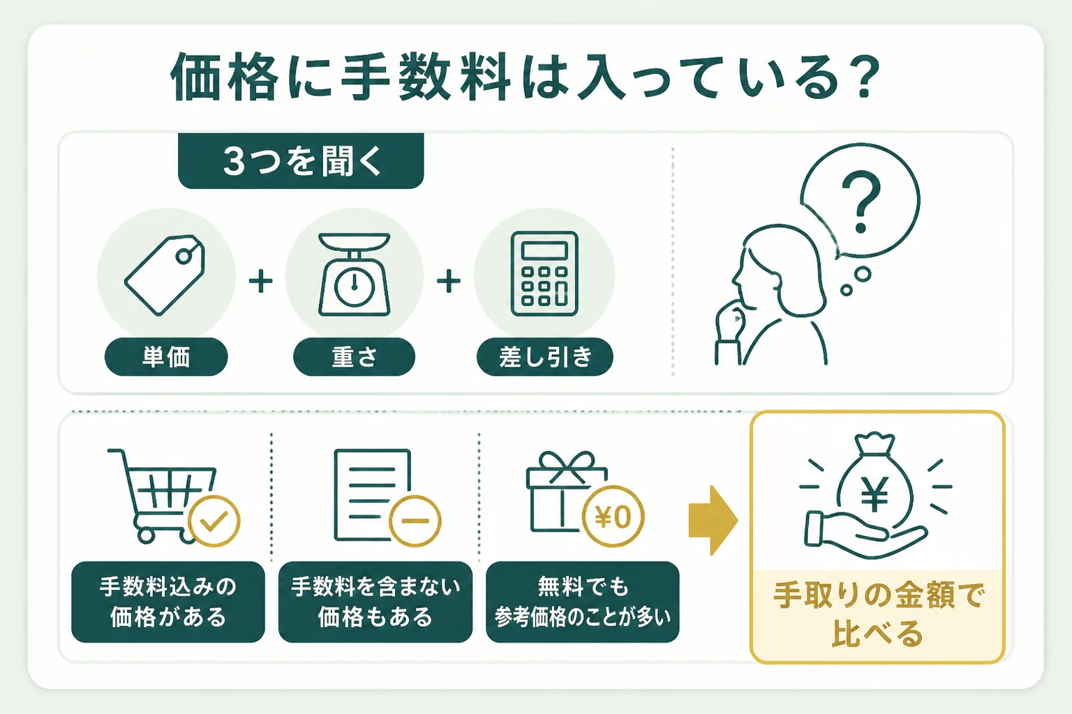 18金の手数料込みの価格と含まない価格の違い、聞き方を示した図解