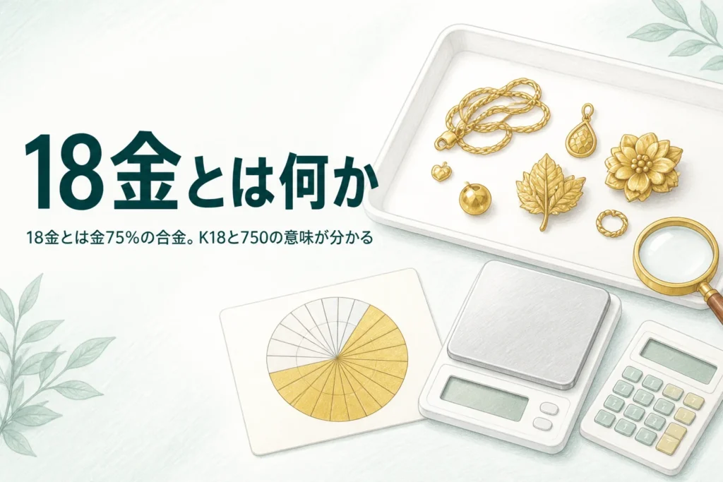 18金とは何かを説明する、金色のアクセサリーと24分率の円グラフ