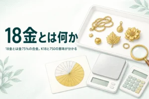 18金とは何かを説明する、金色のアクセサリーと24分率の円グラフ