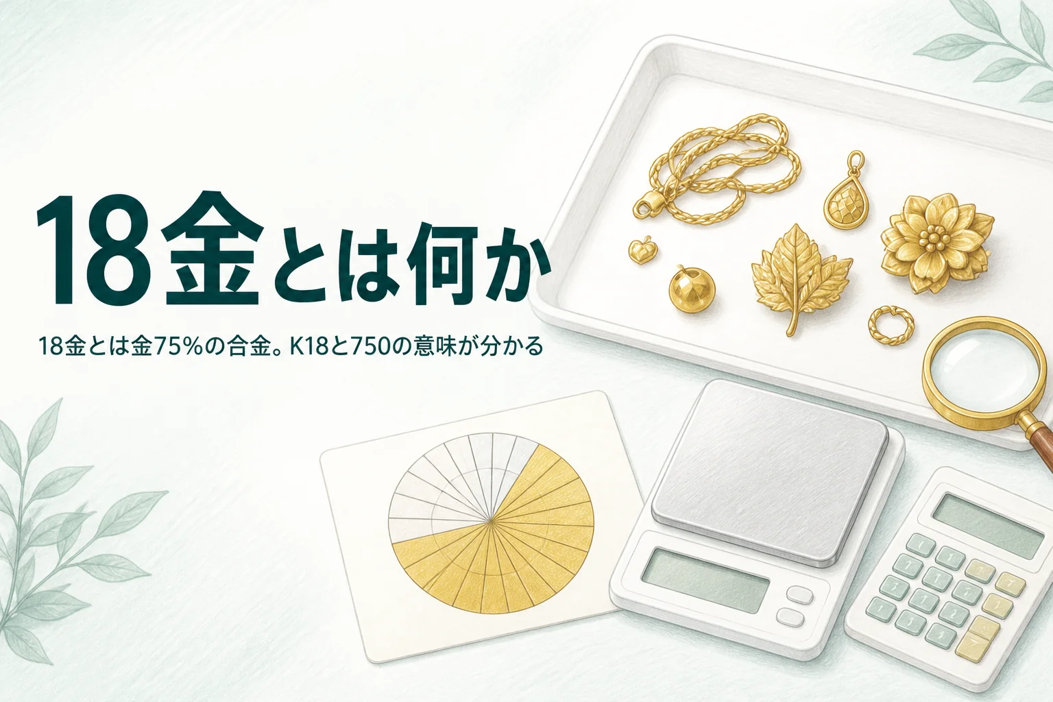 18金とは何かを説明する、金色のアクセサリーと24分率の円グラフ