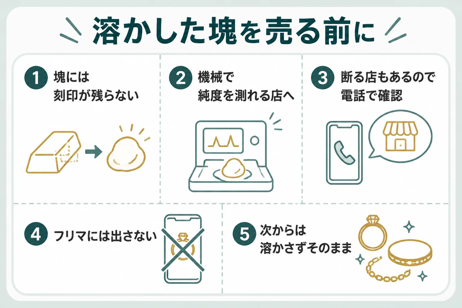 溶かした18金の塊を売る時に確かめたいことをまとめた図解
