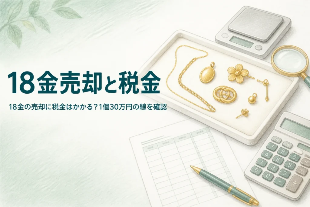 18金の売却と税金を確かめるための、18金の品と電卓と書類