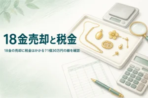 18金の売却と税金を確かめるための、18金の品と電卓と書類